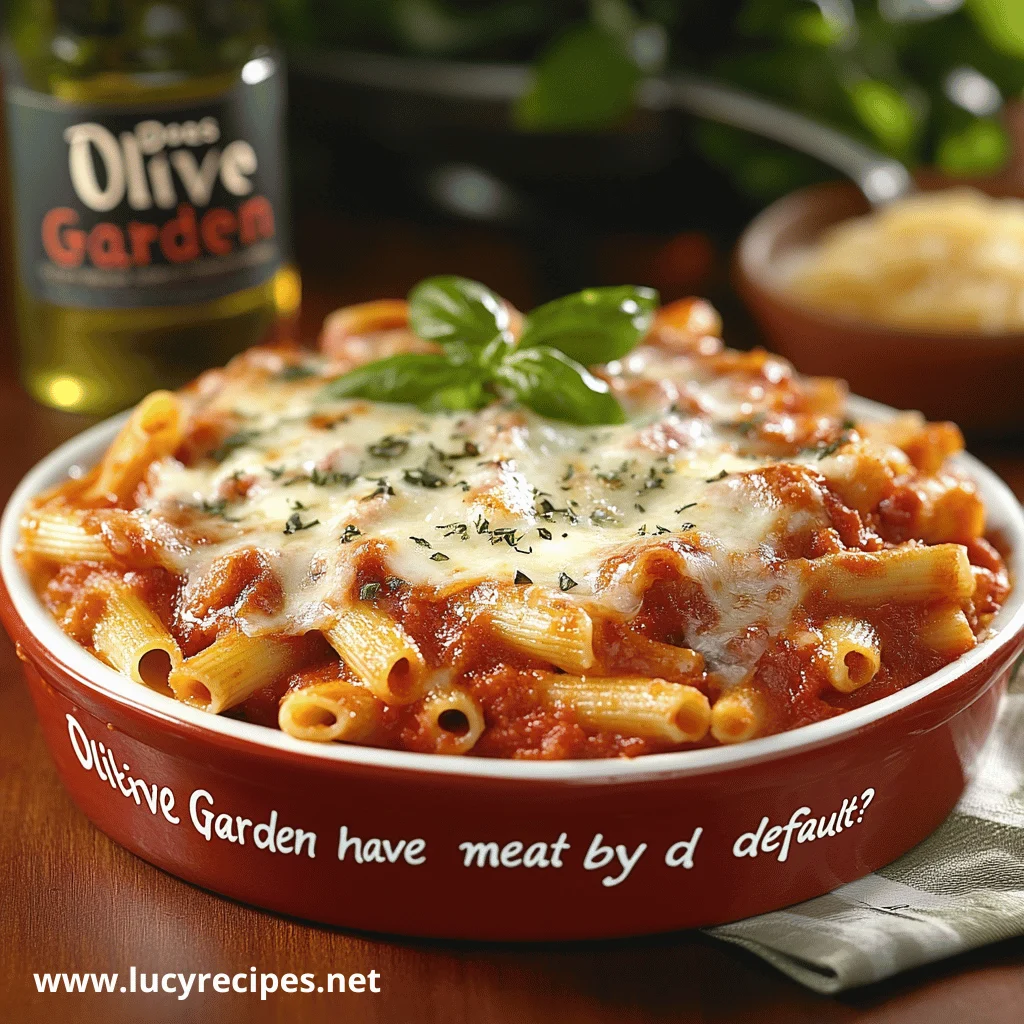 A vibrant red dish filled with baked ziti topped with melted cheese and garnished with fresh basil leaves, answering the question Does Olive Garden Baked Ziti Have Meat.