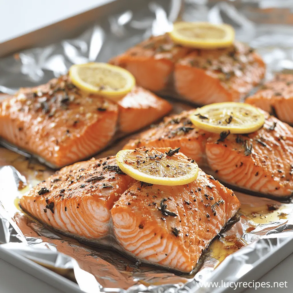 Baked salmon fillets on a foil-lined tray, seasoned with herbs and topped with lemon slices.