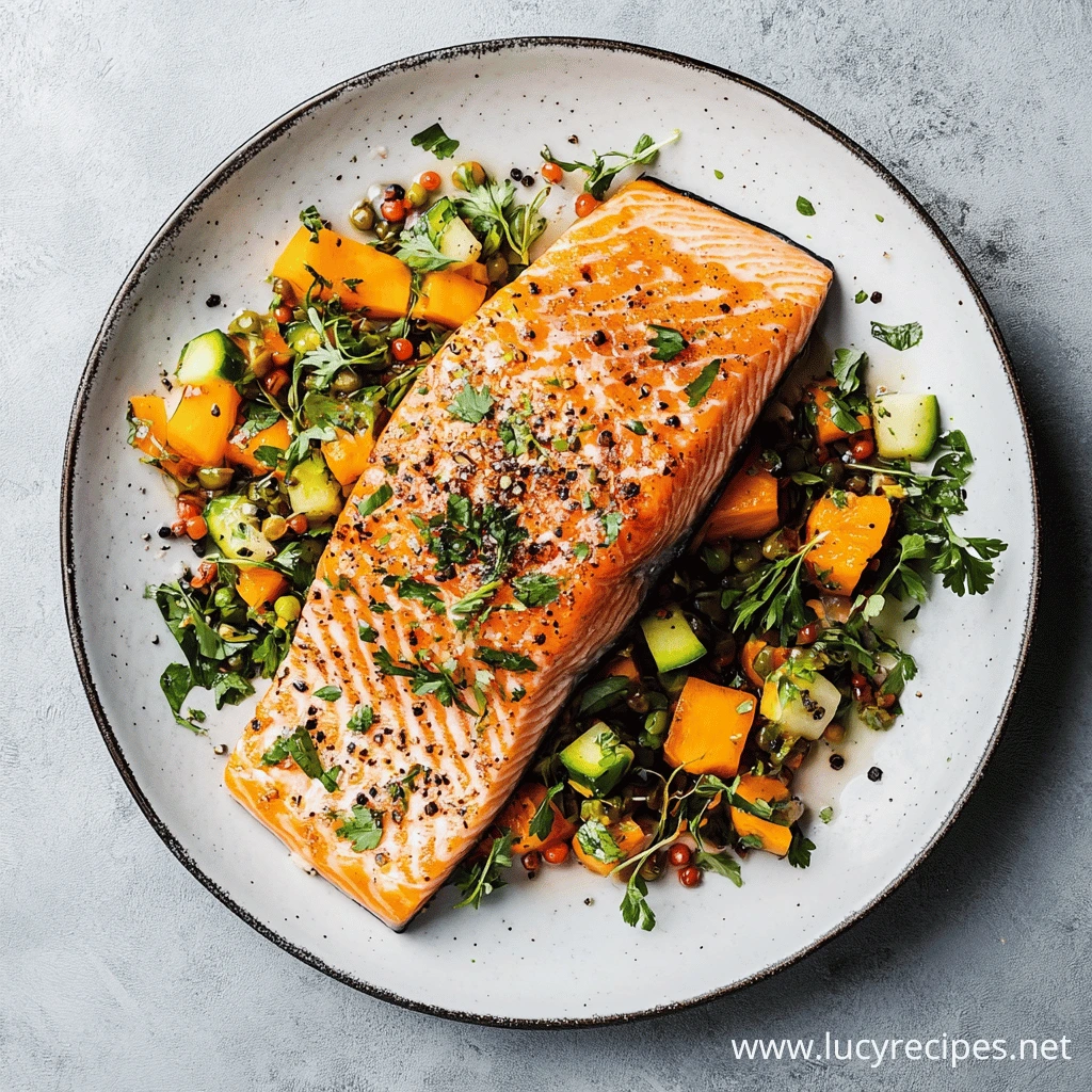 A pan-seared salmon fillet served on a bed of colorful lentil salad with cucumbers, mango, and fresh greens.