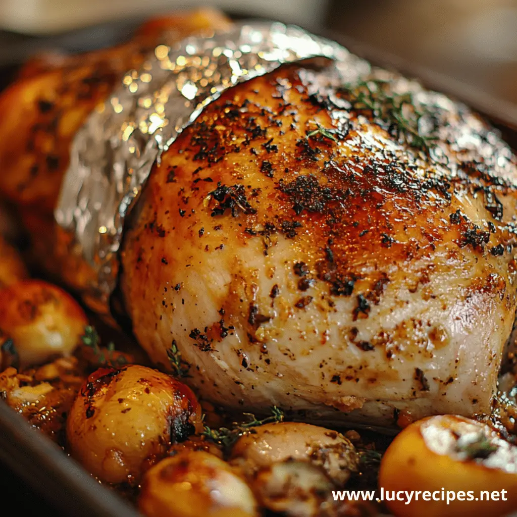 A golden-brown roasted chicken seasoned with herbs, surrounded by baby potatoes, and garnished with fresh thyme.