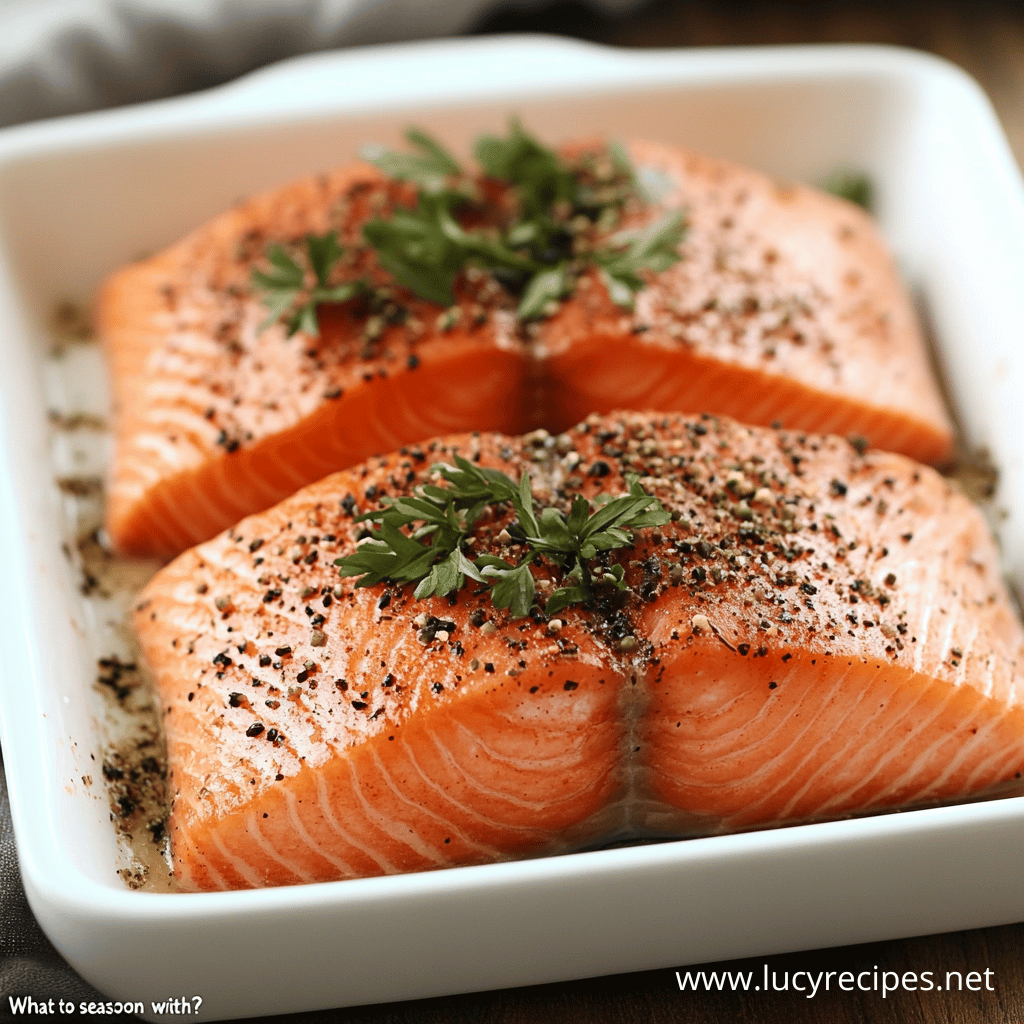 Two uncooked salmon fillets seasoned with black pepper and garnished with parsley in a white baking dish, highlighting What To Season Salmon With for optimal flavor.