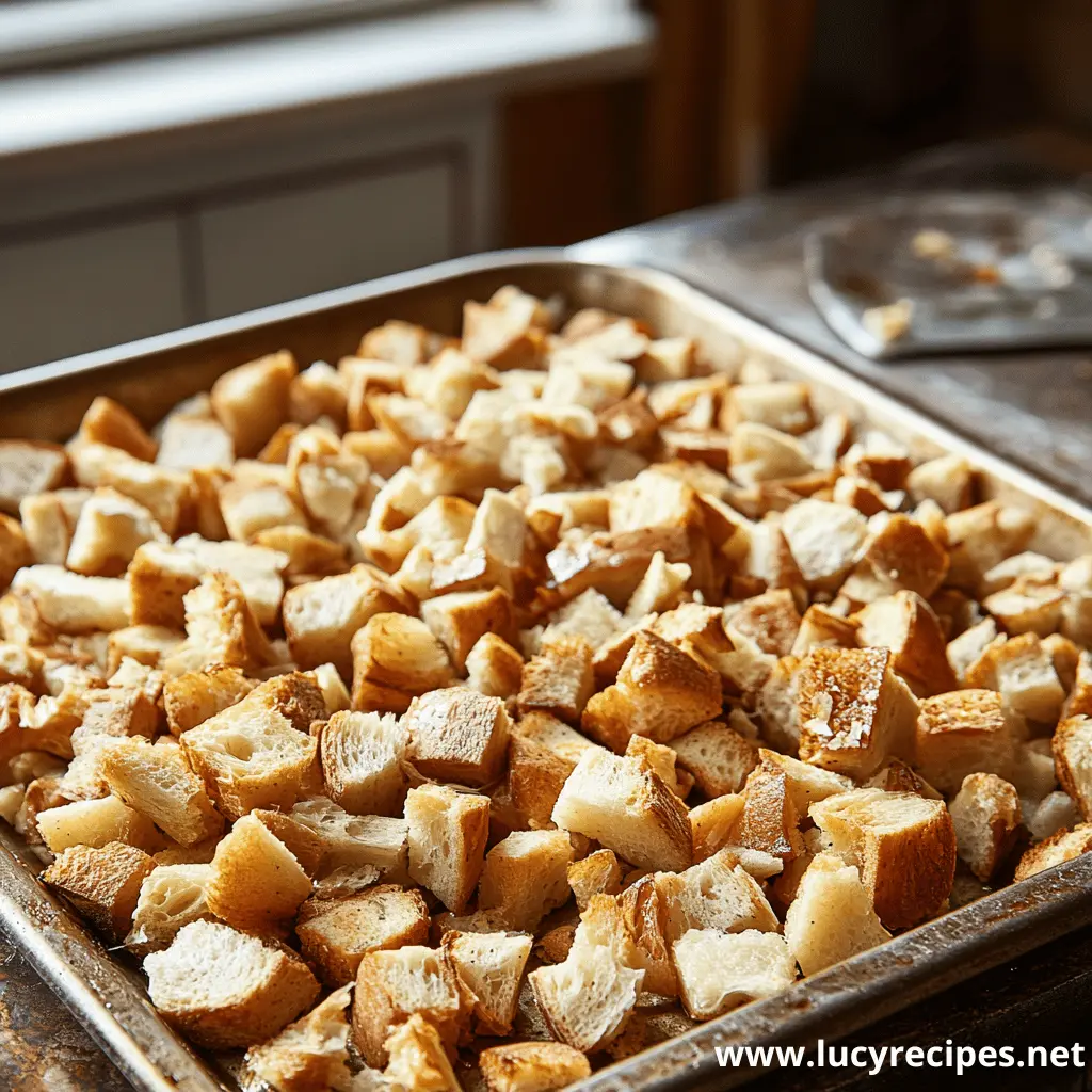 A baking tray filled with golden, toasted bread cubes, perfect for an Old Fashioned Thanksgiving Dressing Recipe or other holiday casseroles.