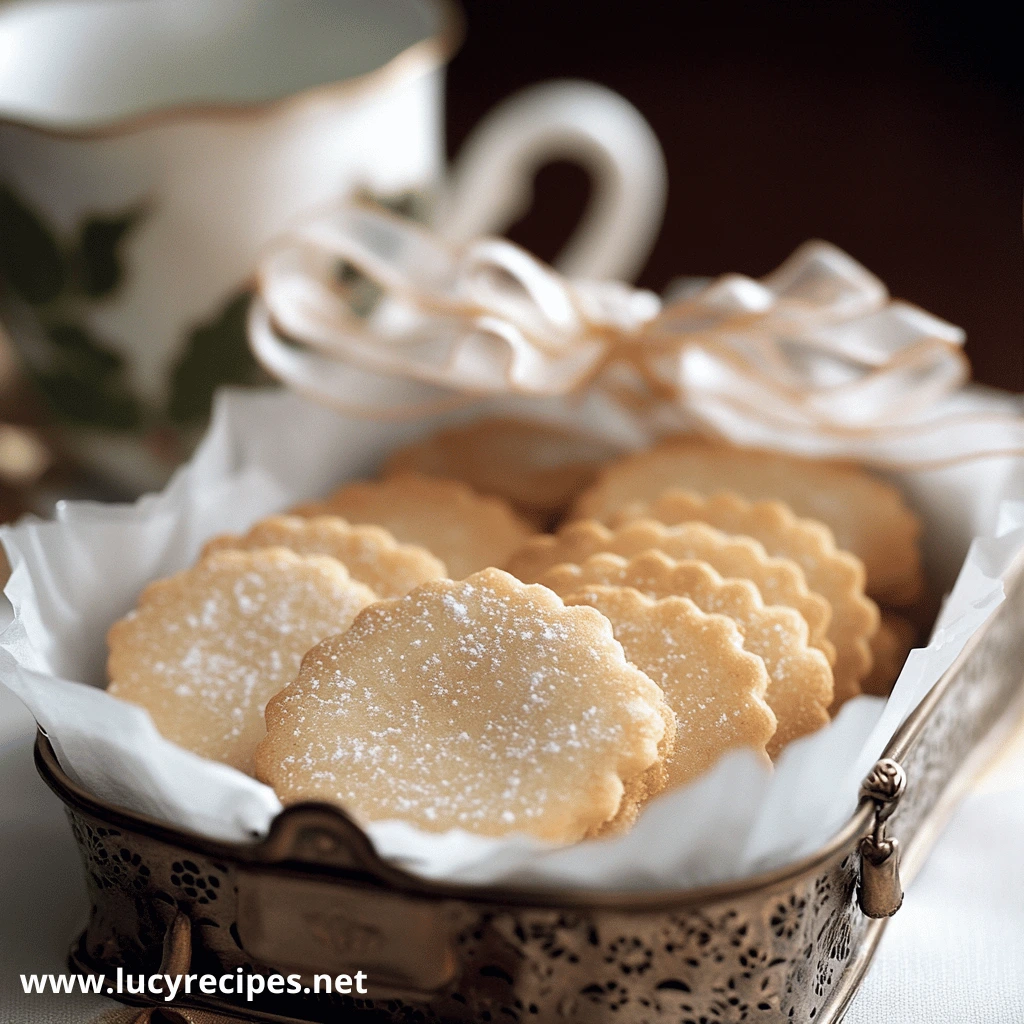 Delicate butter shortbread cookies dusted with powdered sugar, presented in a vintage tin with a ribbon.