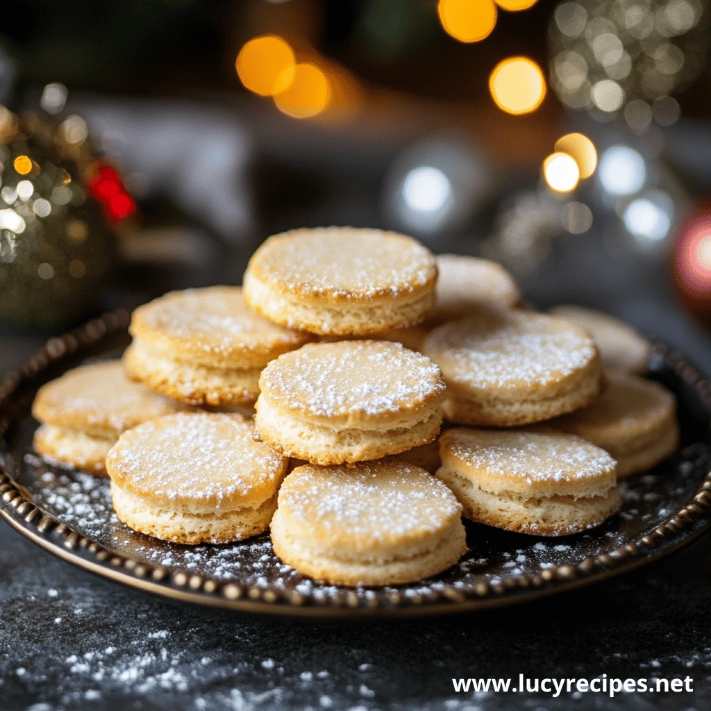 A plate of powdered sugar-dusted sandwich cookies, elegantly arranged with a festive holiday backdrop, perfect for exploring what are butter biscuits called in different cultures.