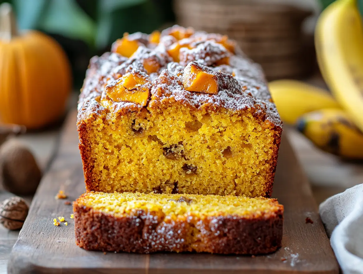 A moist pumpkin banana loaf topped with spiced pecans and powdered sugar, served on a wooden cutting board