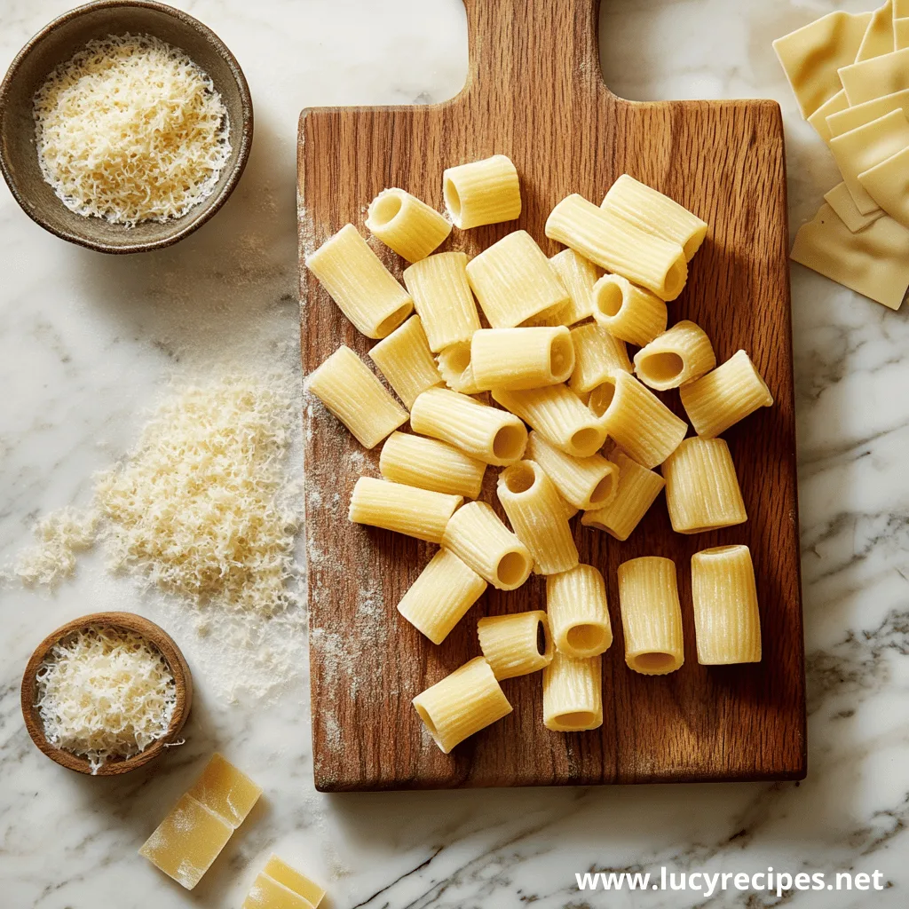 A wooden cutting board with a pile of rigatoni pasta on top. Next to it is a bowl of grated Parmesan cheese.