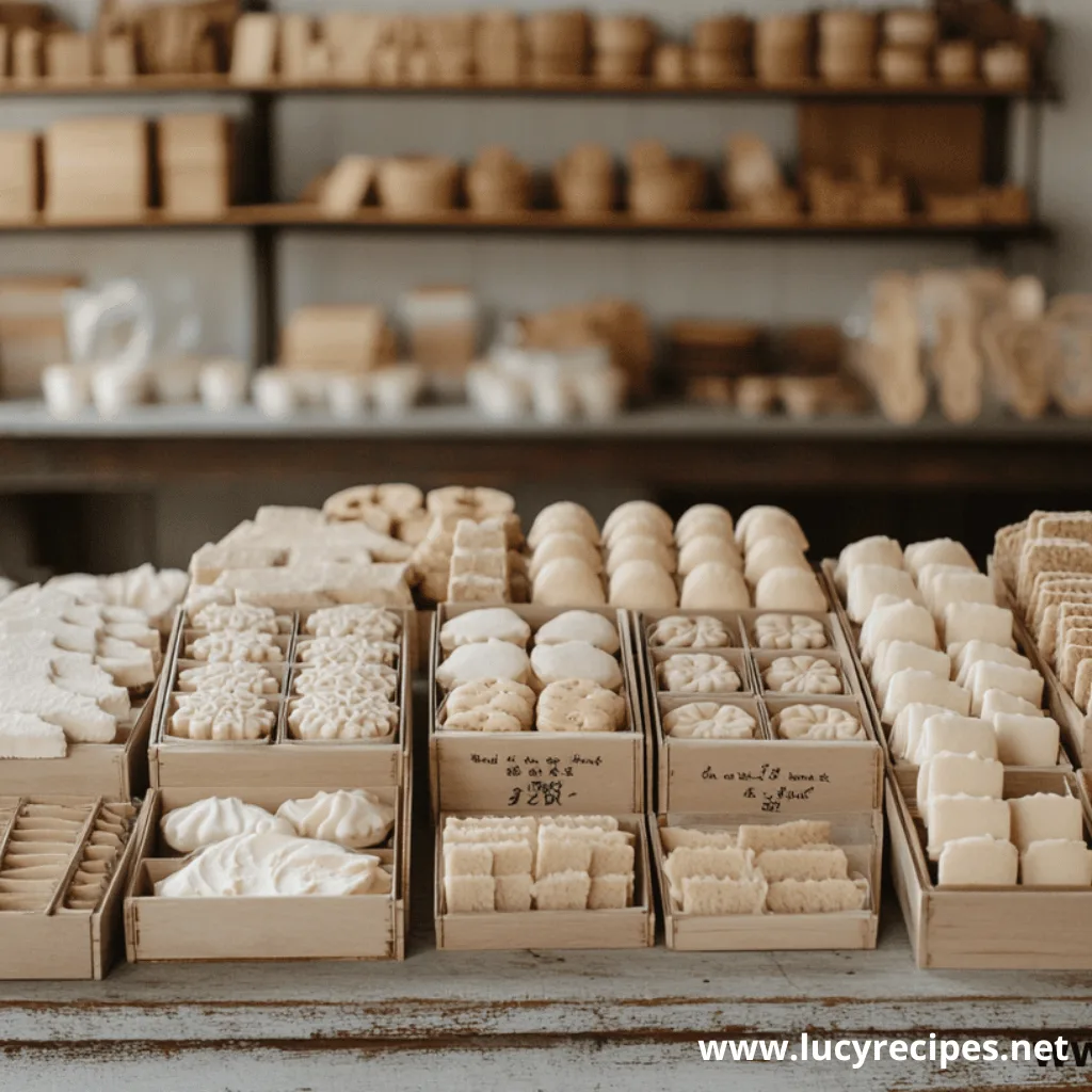 Rows of beautifully arranged artisan cookies in various shapes and textures, displayed in wooden trays on a rustic countertop, with shelves of baked goods in the background.