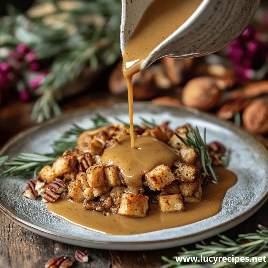 Golden herb stuffing topped with pecans, drizzled with rich gravy, garnished with fresh rosemary on a rustic plate.