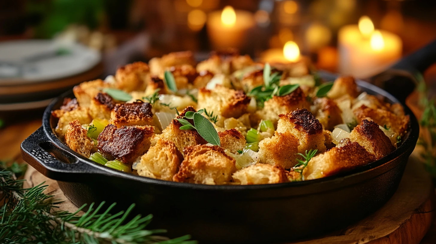 A golden-brown herb and bread stuffing served in a cast iron skillet, garnished with fresh sage and thyme