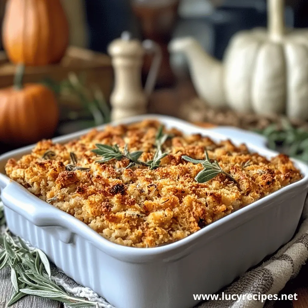 A golden-brown breadcrumb-topped casserole garnished with fresh rosemary and sage, perfect for a cozy holiday meal