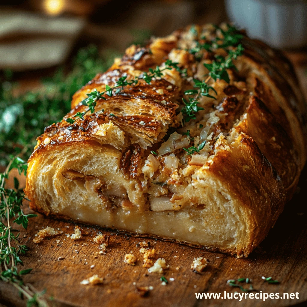 A golden loaf of savory bread stuffed with melted cheese, caramelized onions, and fresh thyme, served on a rustic wooden board