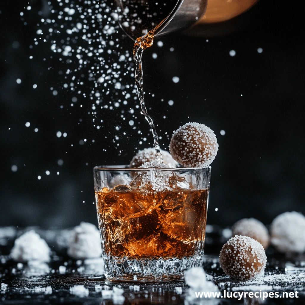 A dramatic shot of whiskey being poured into a glass with ice cubes, accompanied by coconut-coated truffles, set against a dark background with a snowy effect.