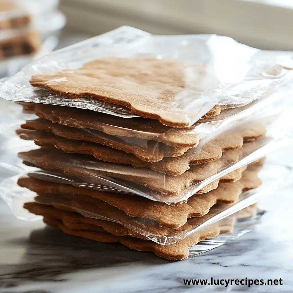 Neatly stacked gingerbread cookie layers, separated by plastic wrap, ready for decorating or building festive holiday creations.