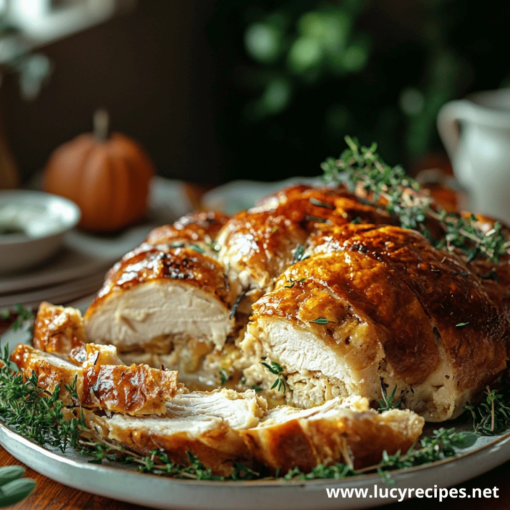 A golden herb-roasted chicken stuffed with savory filling, garnished with fresh thyme and served on a rustic platter