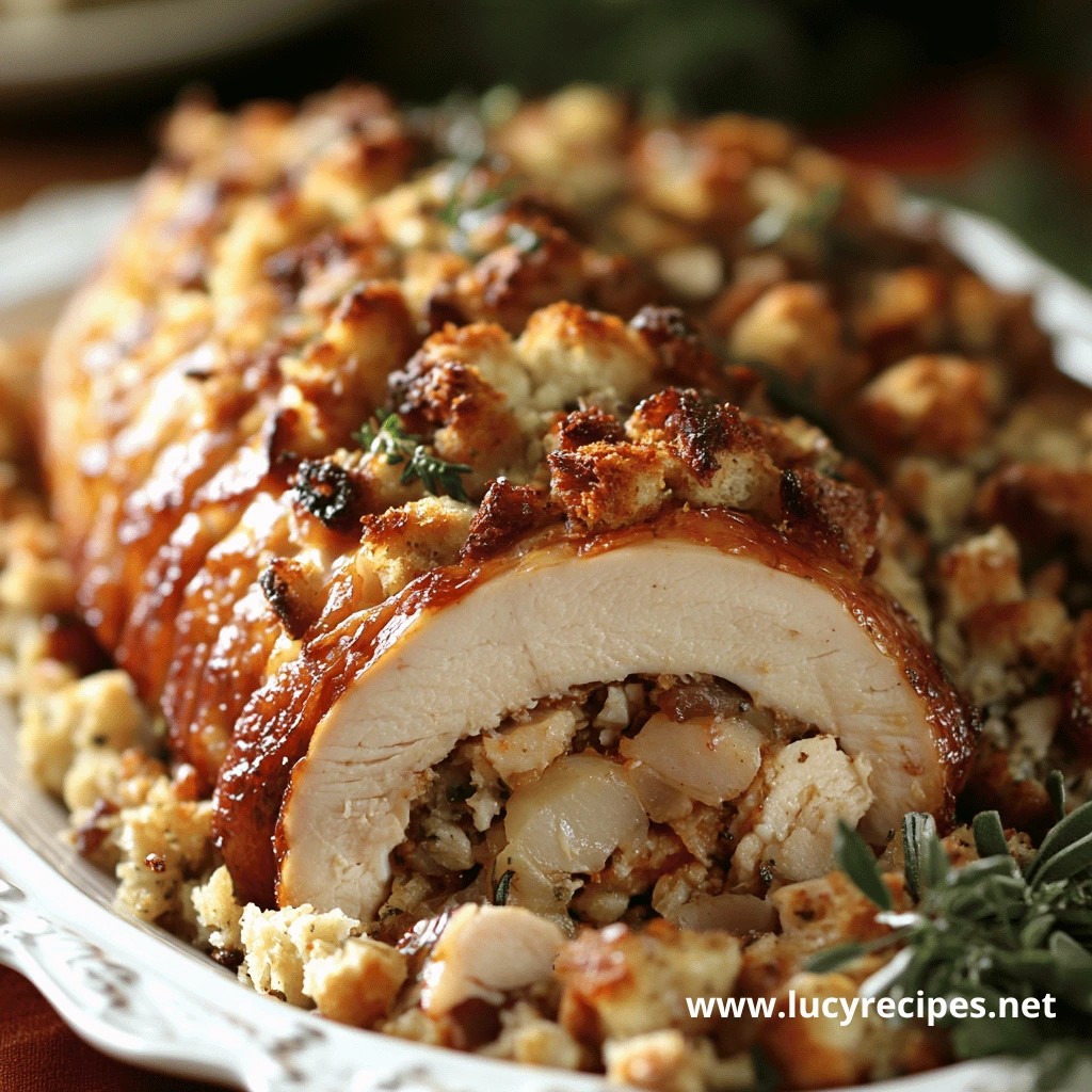 Stuffing for turkey breast: A golden roasted turkey breast filled with seasoned bread and potato stuffing, garnished with fresh thyme and served on a white plate.