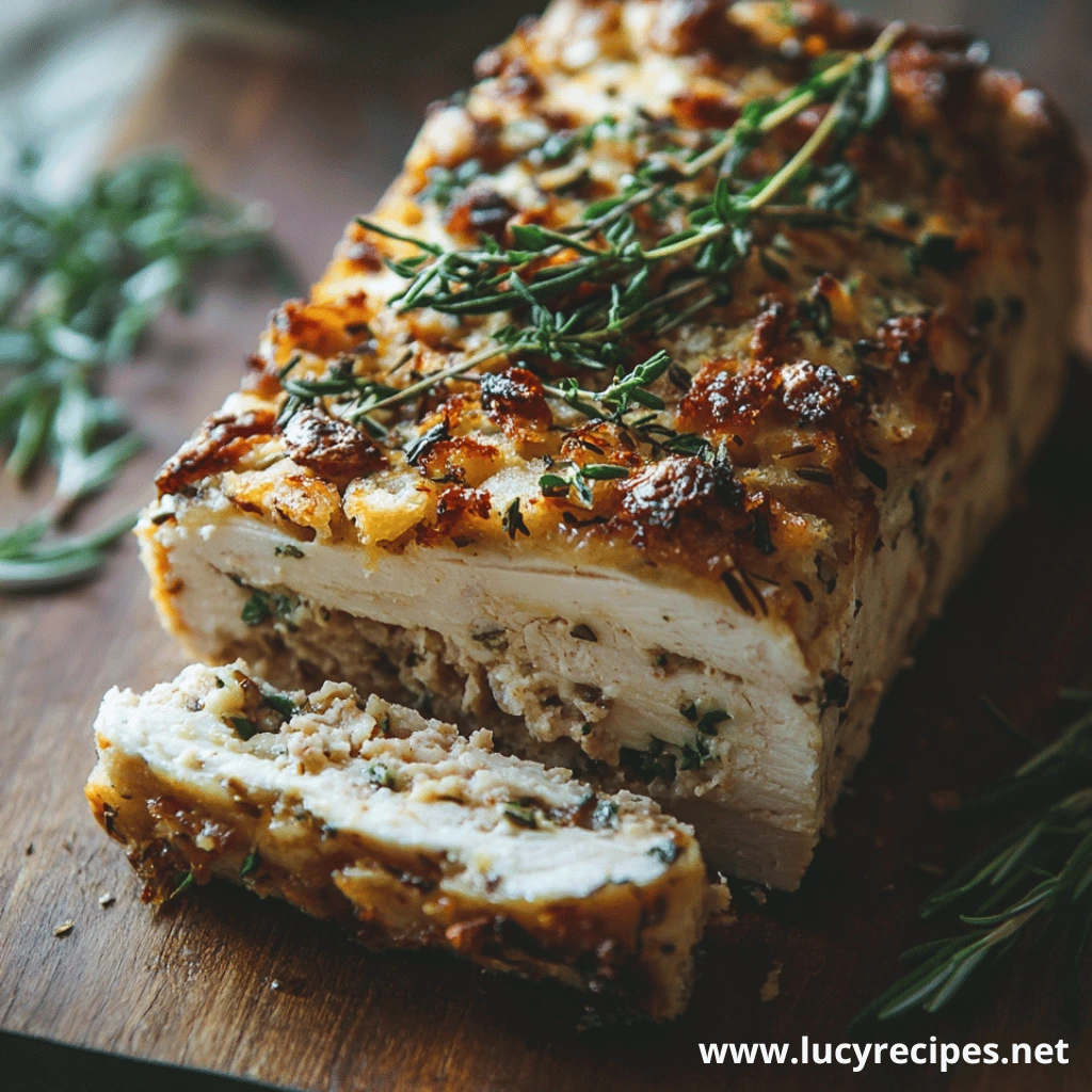 A tender stuffed turkey breast with a crispy herb crust, sliced to reveal a savory stuffing made with an Old-Fashioned Thanksgiving Dressing Recipe, garnished with fresh thyme.