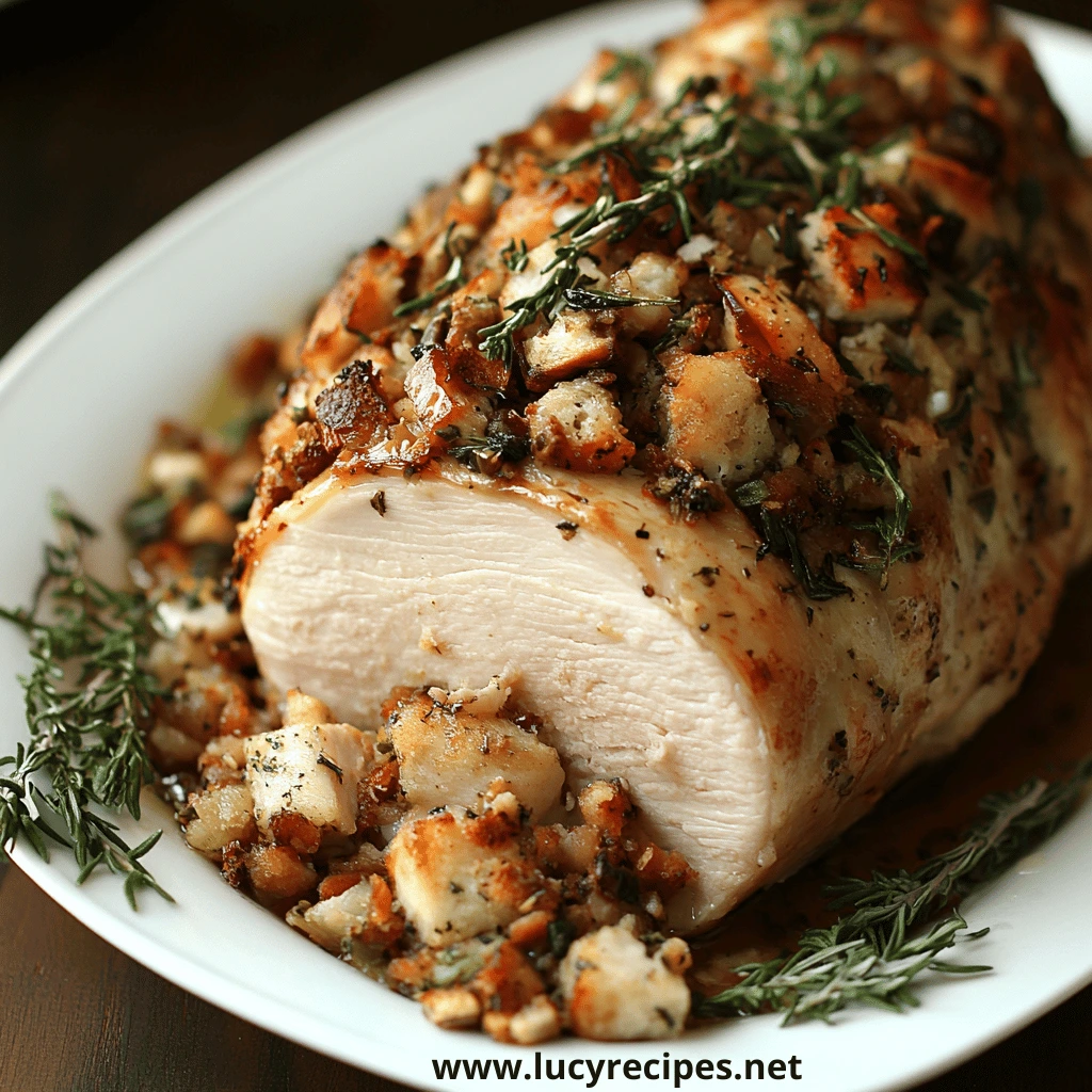 A tender stuffed turkey breast topped with golden-brown breadcrumbs and fresh herbs, served on a white platter with a garnish of rosemary