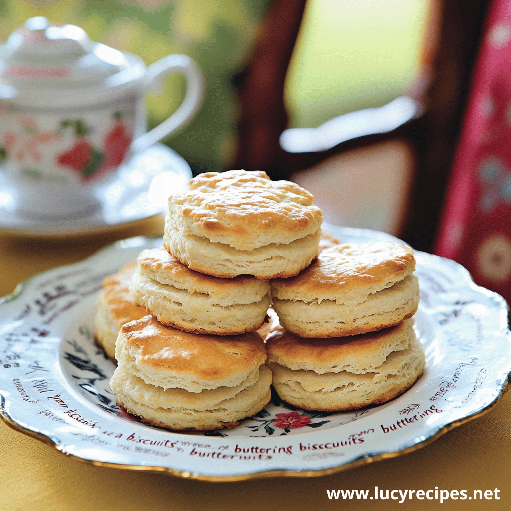 A stack of golden flaky biscuits served on a decorative floral plate, accompanied by a tea set, perfect for exploring the phrase 'What Does Butter a Biscuit Mean?