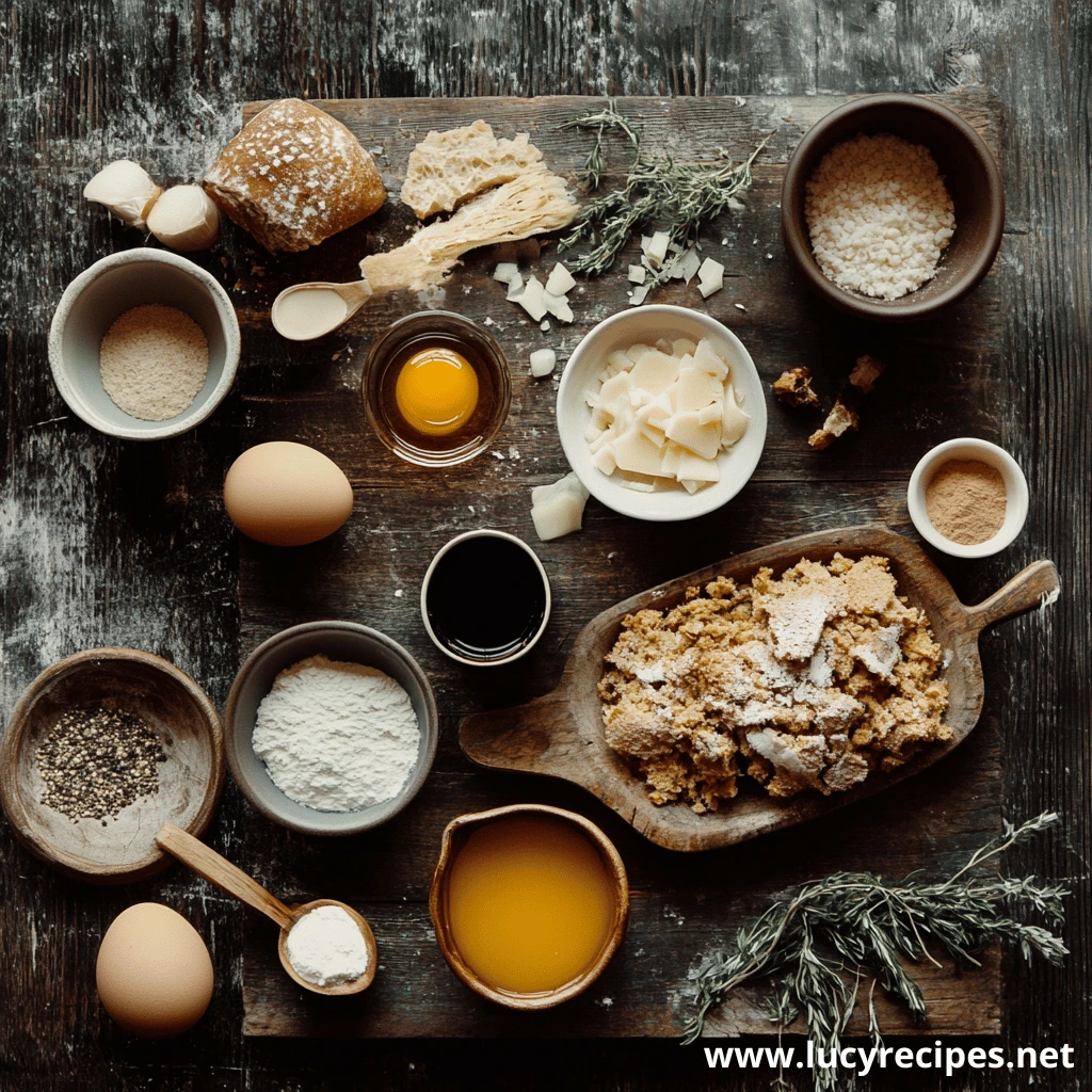 A rustic display of ingredients for stuffing, including breadcrumbs, herbs, eggs, butter, cheese, and seasonings on a wooden table