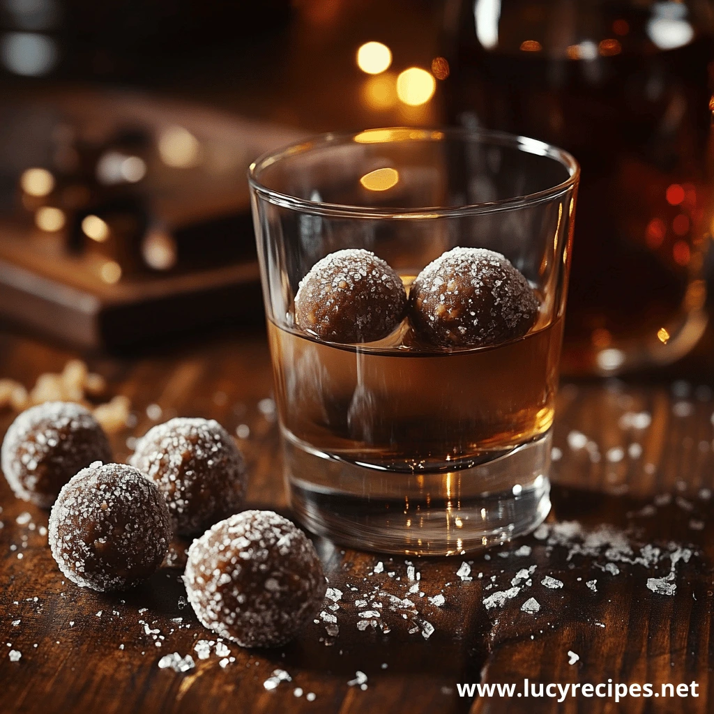 A glass of whiskey with two coconut-coated truffles submerged, surrounded by additional truffles and sprinkled coconut flakes on a wooden surface.