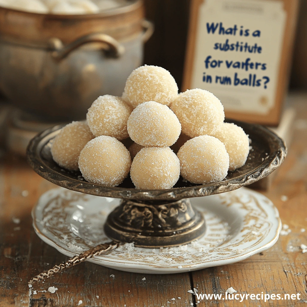 A decorative platter filled with white rum balls coated in sugar crystals, placed on a rustic wooden table, offering ideas for a Vanilla Wafer Substitute in their preparation