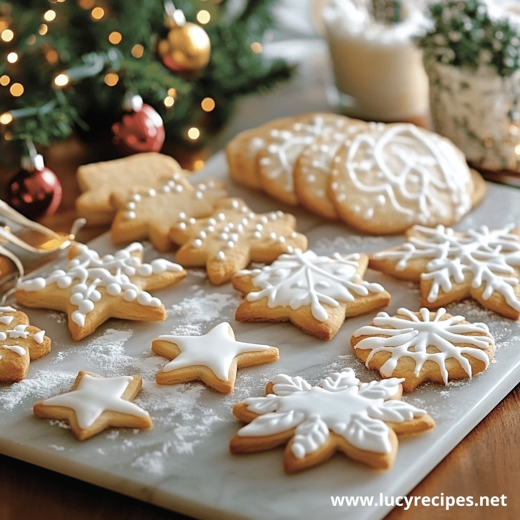 Beautifully decorated sugar cookies in snowflake, star, and holiday shapes with white royal icing, surrounded by festive decorations, perfect to pair with Butter Biscuits Christmas treats.