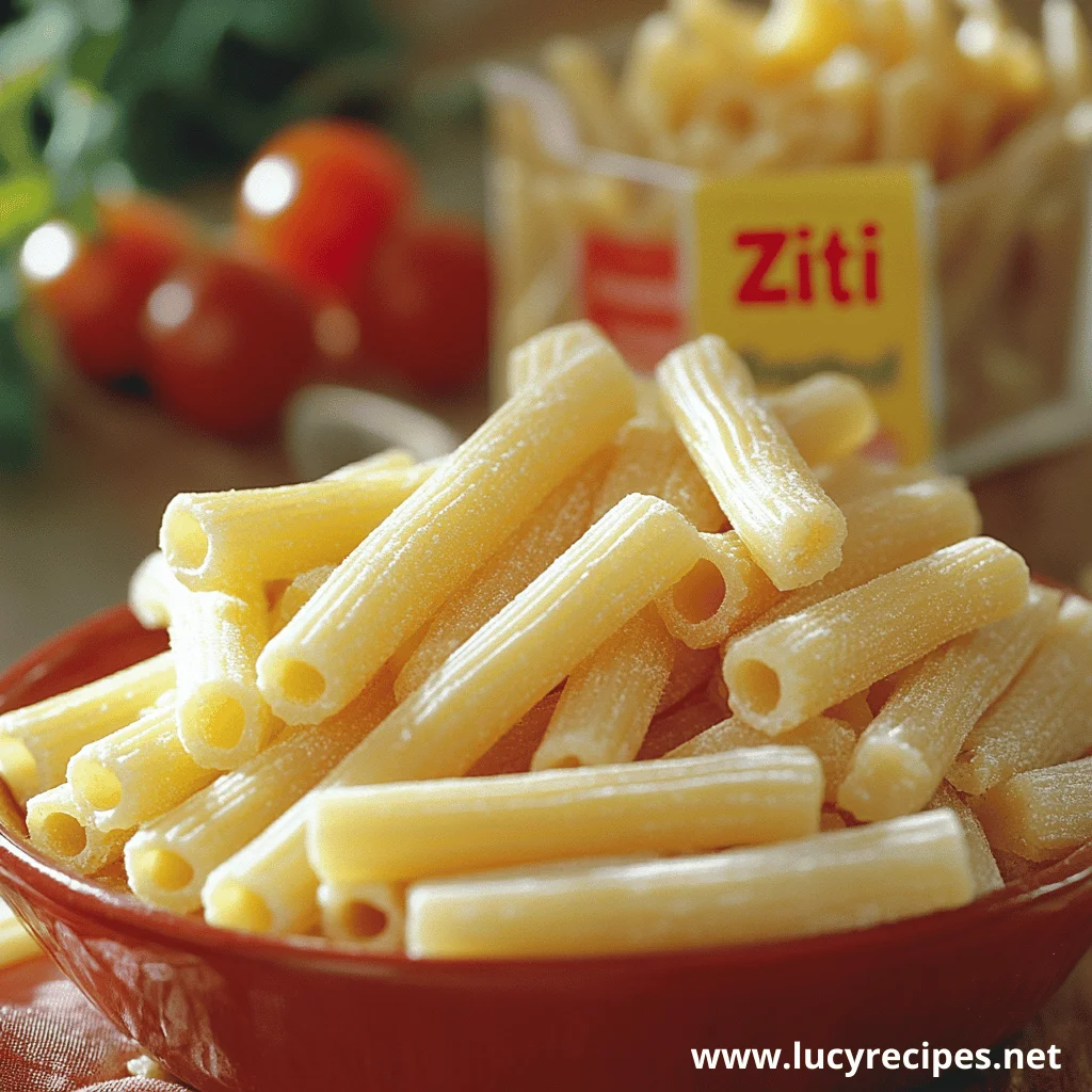 A bowl of dried ziti pasta, with a box of ziti in the background, addressing the question What Is Ziti Short For.