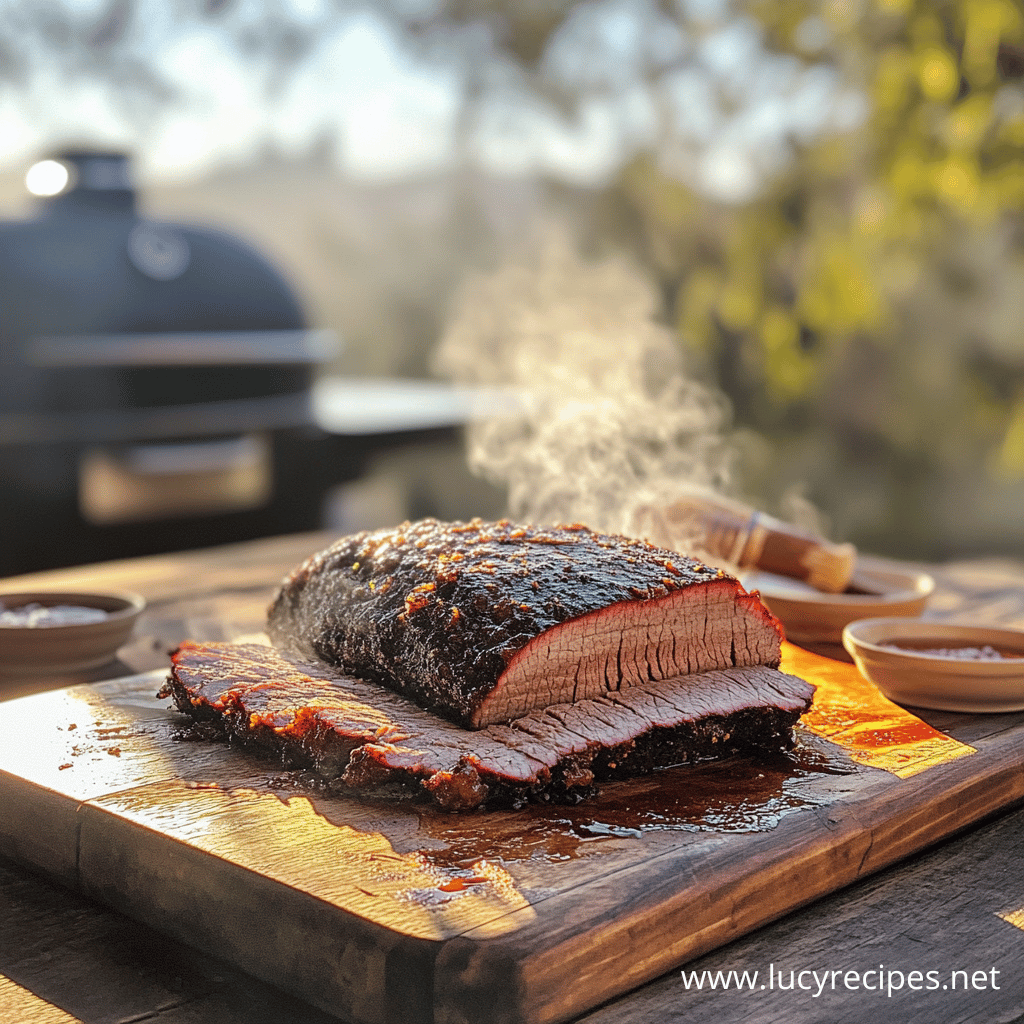 A freshly smoked brisket with a dark, crispy bark and a juicy, tender interior, steaming hot on a wooden cutting board. What is the best thing to cook on the Traeger?