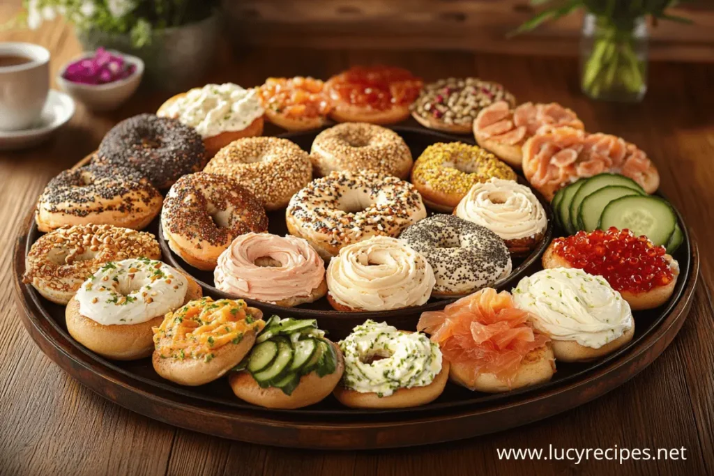 A large platter of assorted bagels with a variety of toppings, including cream cheese, smoked salmon, cucumber, caviar, and more, set on a wooden table.