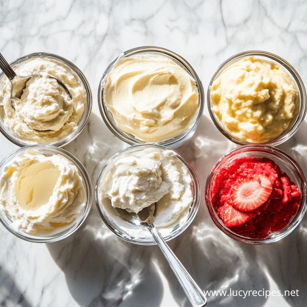 Six glass bowls filled with different types of cream cheese, including classic, whipped, and a fruity strawberry version. How many calories are in one bagel with cream cheese?