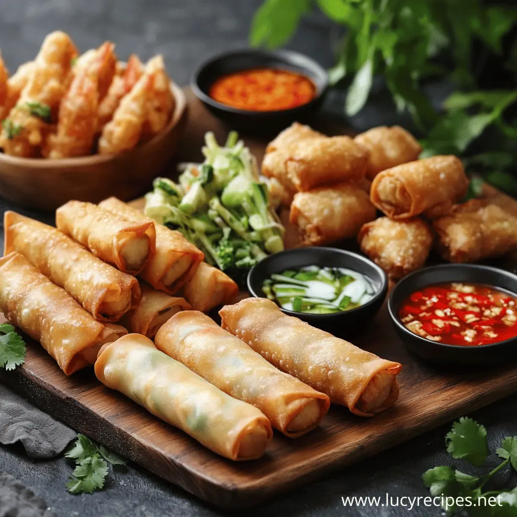 A delicious assortment of crispy egg rolls arranged on a wooden board, served with various dipping sauces and fresh greens. Are egg rolls junk food or not?