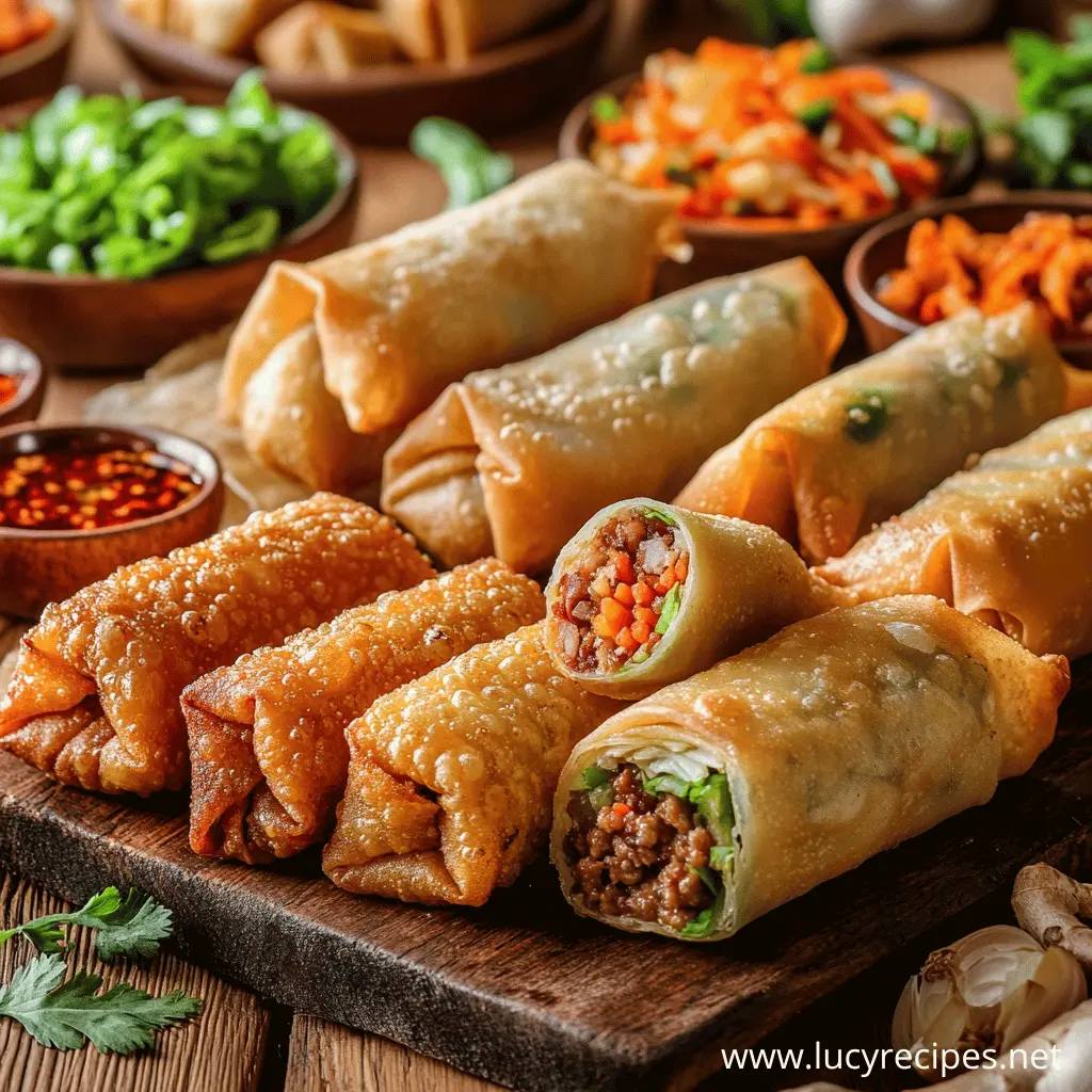 A delicious assortment of crispy fried and fresh egg rolls filled with seasoned meat, shredded carrots, and fresh greens, served with dipping sauces. Are egg rolls healthy? Explore different cooking methods and ingredients for a balanced meal.
