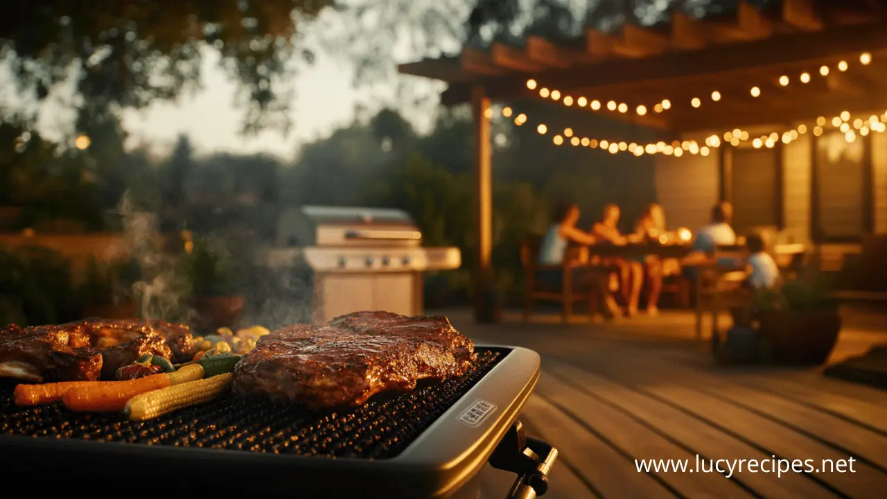 Delicious grilled steak and vegetables on a Traeger grill, perfect for summer BBQs. Find more Traeger recipes at Lucy Recipes.