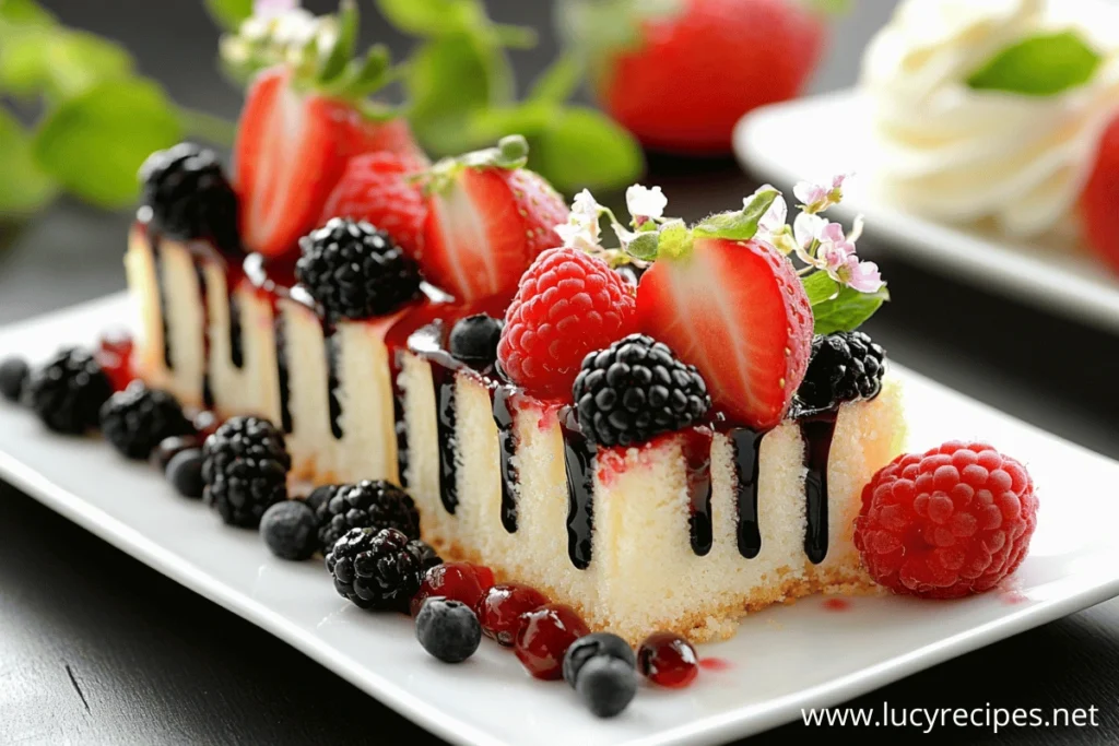 A slice of vanilla cake topped with fresh strawberries, raspberries, blackberries, and blueberries, drizzled with berry sauce.