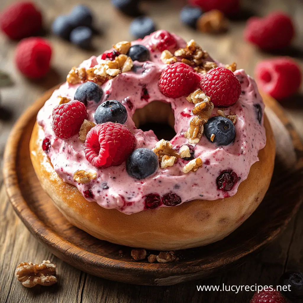 A freshly toasted bagel topped with a rich mixed berry cream cheese spread, fresh raspberries, blueberries, and crunchy walnuts, served on a rustic wooden plate with scattered berries and nuts around.