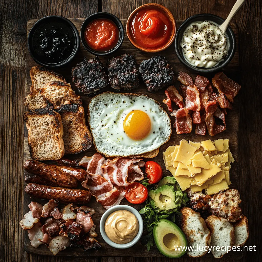 A rustic wooden board displaying ingredients for a breakfast roll, including sausages, bacon, a fried egg, black pudding, toasted bread, cheese, avocado, sauces, and fresh vegetables.