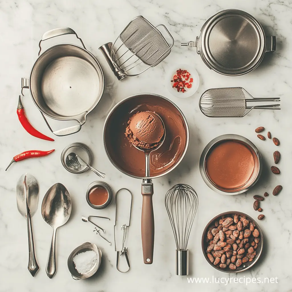 How to make chilli chocolate ice cream? A flat-lay arrangement of ingredients and utensils for making chilli chocolate ice cream, including chocolate, cocoa beans, chili peppers, whisks, spoons, and stainless steel cookware on a marble countertop.