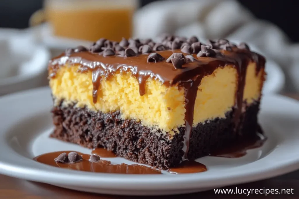 A slice of chocolate chip cheesecake brownie featuring a rich chocolate brownie base, creamy yellow cheesecake layer, topped with chocolate ganache and chocolate chips, served on a white plate.