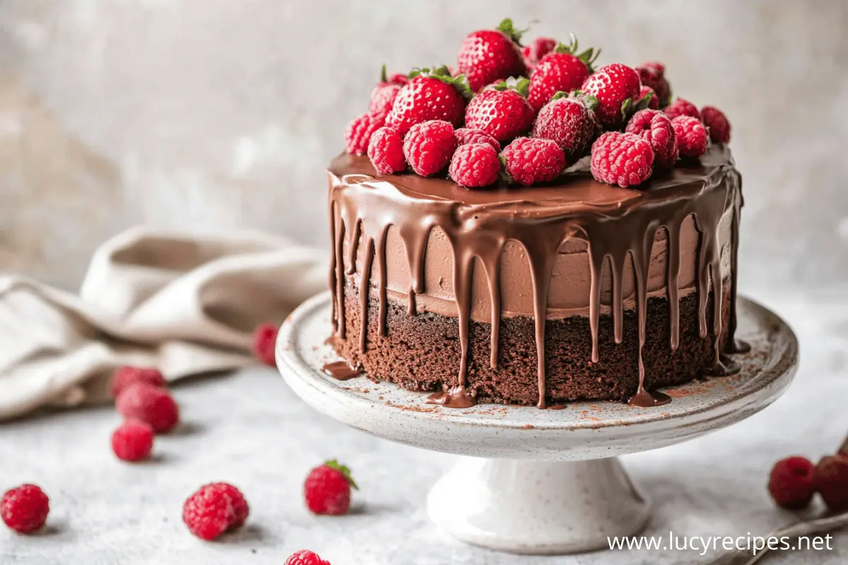 A rich chocolate cake with a smooth ganache drip, topped with fresh raspberries and displayed on a white cake stand.