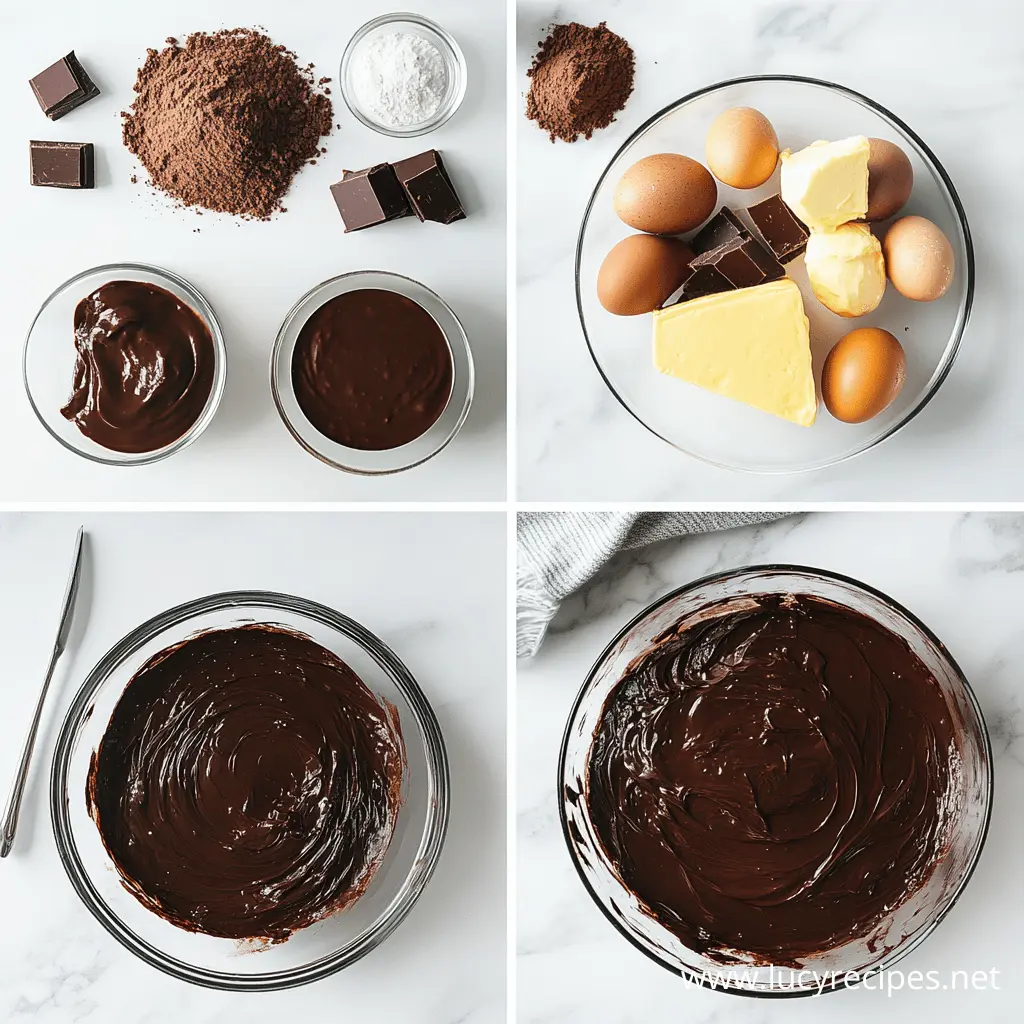 A step-by-step collage showing the ingredients and mixing process for a rich chocolate fudge cake, including cocoa powder, chocolate, eggs, butter, and ganache.