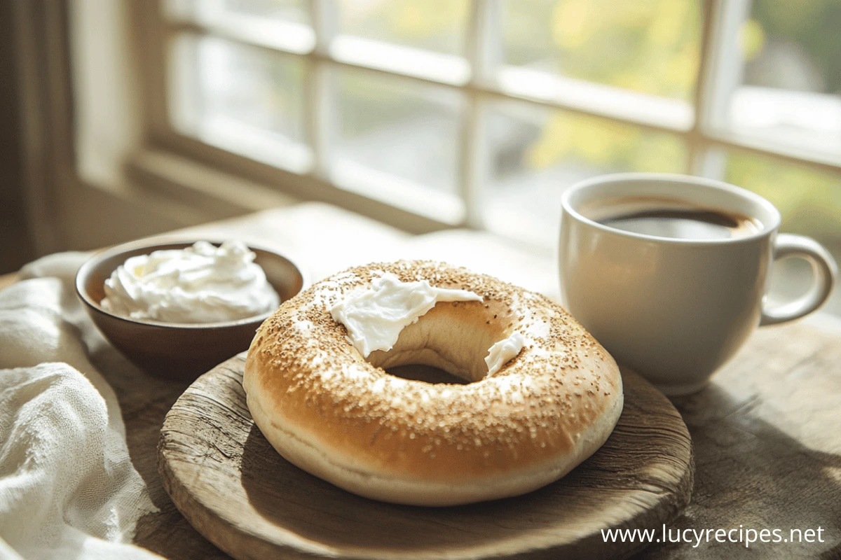 A freshly toasted sesame bagel with cream cheese, served with a cup of black coffee on a rustic wooden board. Does cream cheese taste good on a bagel?