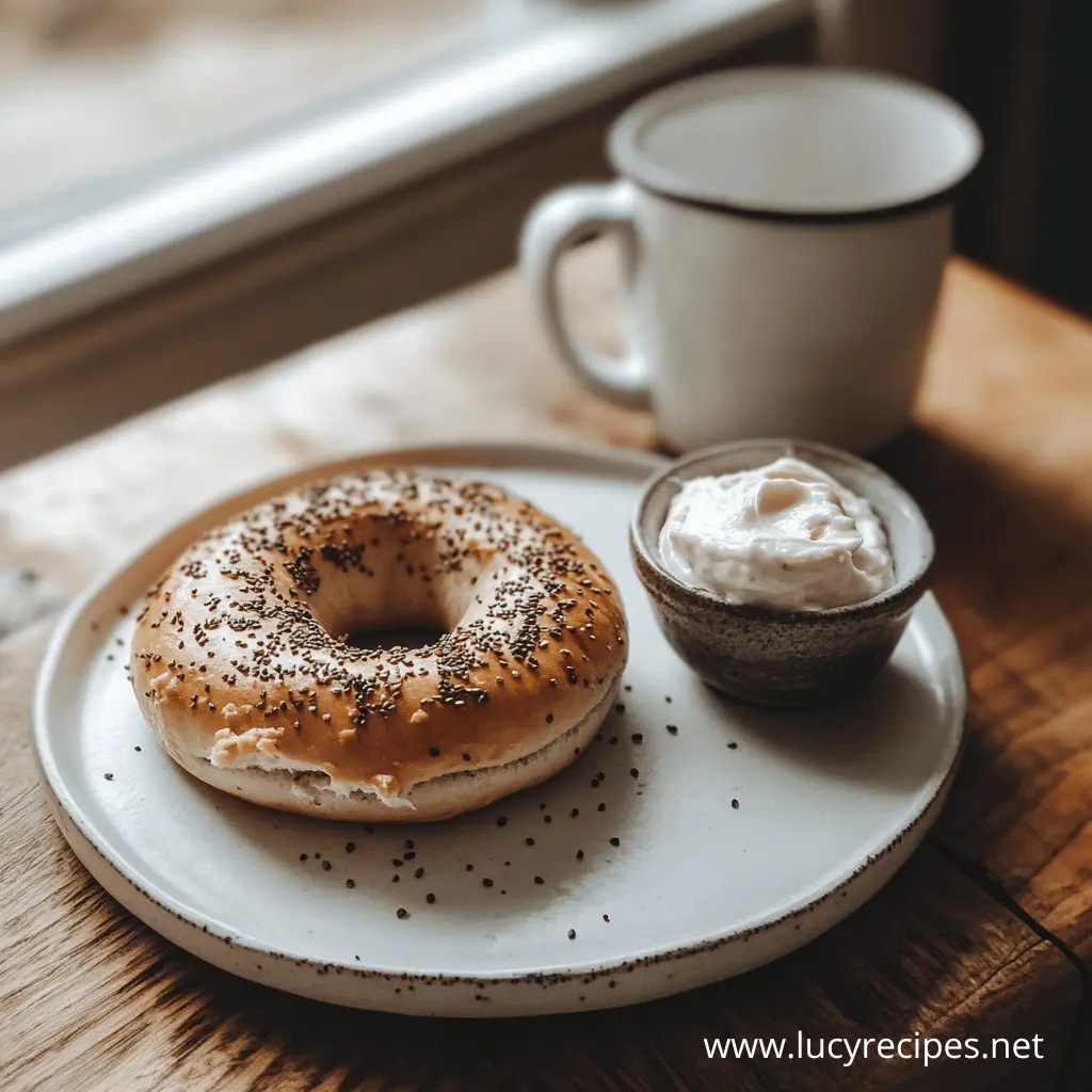 A warm, toasted bagel sprinkled with chia seeds sits on a rustic plate with a side of creamy cheese, accompanied by a cup of coffee. Is A Bagel With Cream Cheese Healthy?