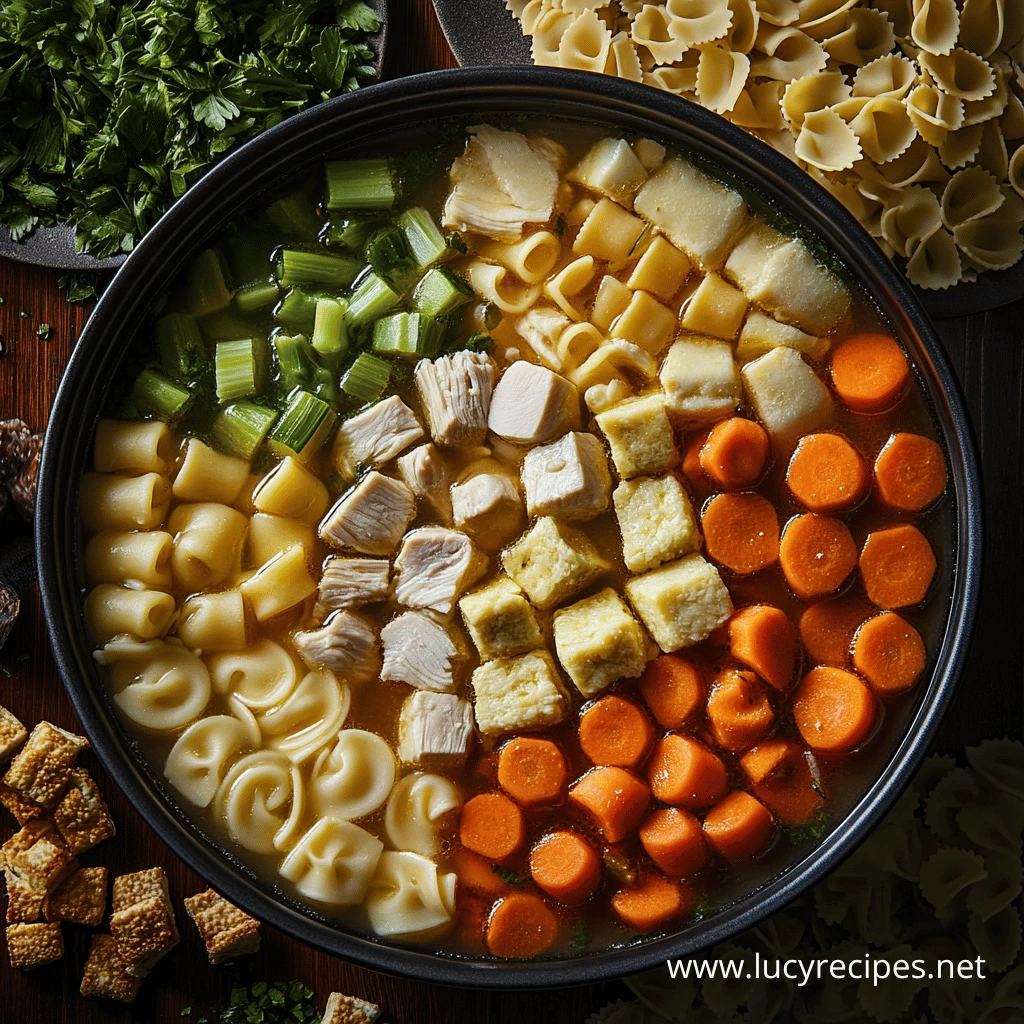 A bowl of homemade chicken soup with diced chicken, pasta, carrots, celery, and crispy croutons. Do you cook pasta before adding to chicken soup?