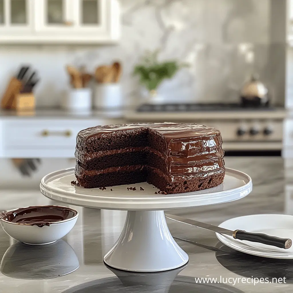 A rich chocolate fudge cake with three moist layers and glossy chocolate ganache, displayed on a white cake stand in a modern kitchen