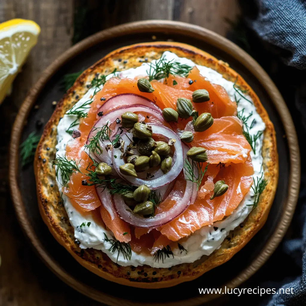 A toasted bagel topped with creamy cream cheese, smoked salmon, red onion slices, capers, and fresh dill, served on a rustic wooden plate with lemon wedges on the side.