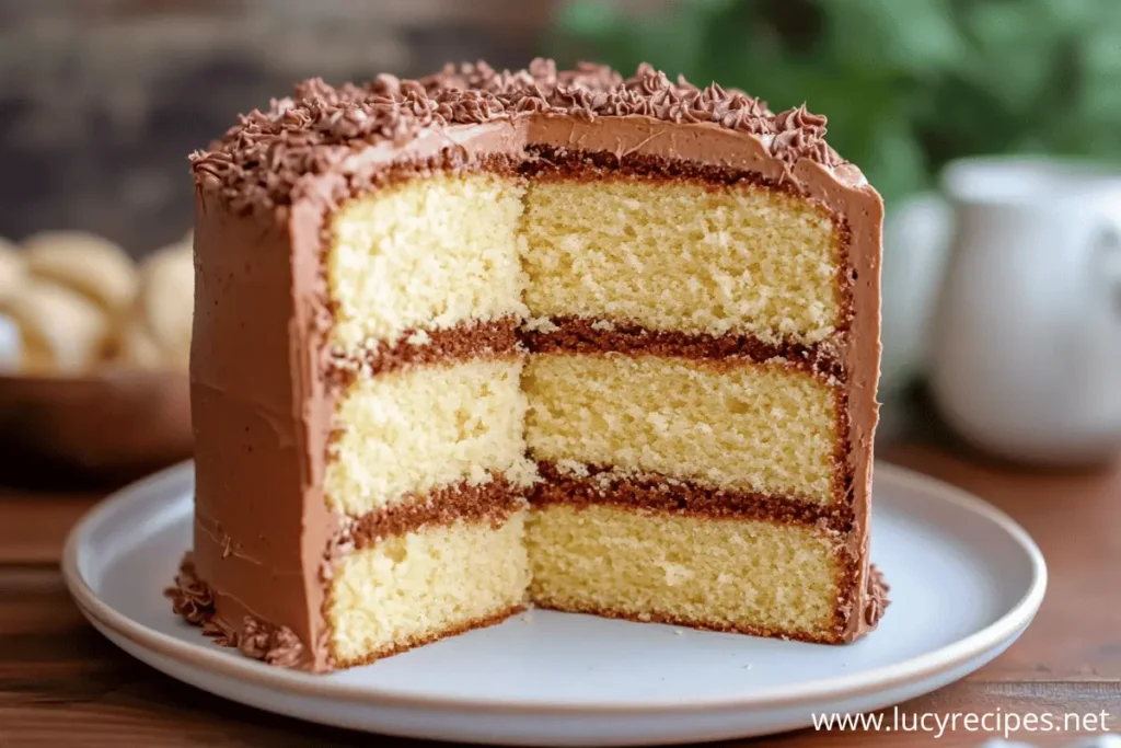 A sliced vanilla layer cake with three fluffy layers, coated in rich chocolate frosting and topped with chocolate shavings, addressing the question Can I Use A Boxed Cake Mix for convenience and flavor.