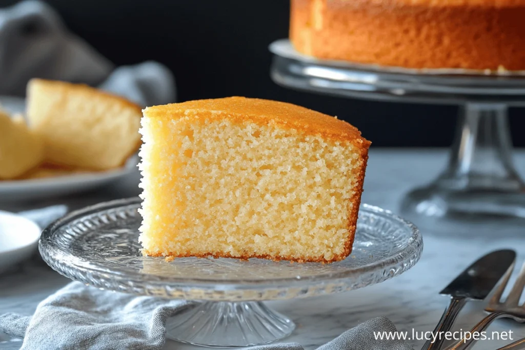 A single slice of golden vanilla sponge cake served on a clear glass plate, with the rest of the cake in the background, exploring What Is The Secret To A Moist Cake for perfect baking results.