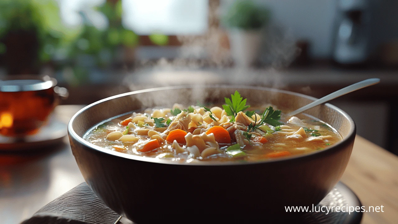 A warm, steaming bowl of homemade chicken noodle soup, filled with tender chicken, fresh vegetables, and egg noodles, garnished with parsley. Why does chicken noodle soup help sore throat?