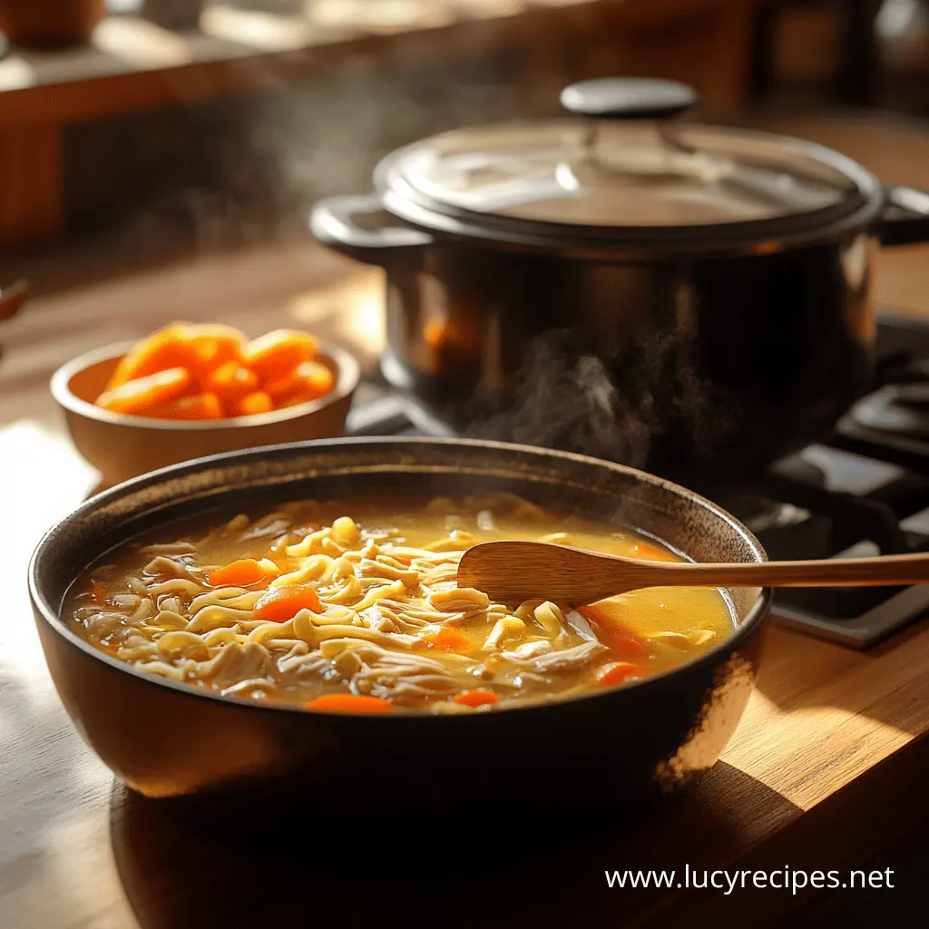 A warm bowl of homemade chicken noodle soup with shredded chicken, noodles, and carrots, sitting on a wooden table with a pot in the background. This rich broth makes people wonder: Why is my chicken noodle soup jelly?