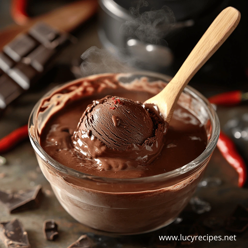 How to make chilli chocolate ice cream? A rich, dark chocolate ice cream scoop with a hint of red chili, served in a glass bowl with a wooden spoon, surrounded by chili peppers and chocolate chunks.